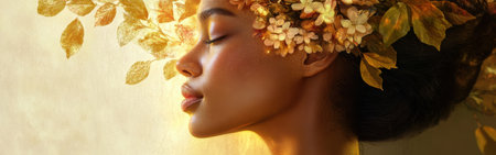 Woman with a radiant expression stands in a softly lit room, adorned with a crown of flowers and leaves. The warm light highlights her serene beauty and gentle features.の素材
