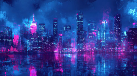 The city skyline illuminates the night with bright magenta hues reflecting on the water. Tall skyscrapers create a dynamic backdrop against a vibrant, bokeh-filled atmosphere.の素材