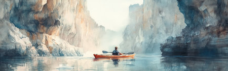 A lone kayaker explores calm waters, gliding past majestic cliffs that rise dramatically from the shoreline. The atmosphere is peaceful and misty, capturing the beauty of nature early in the day.の素材