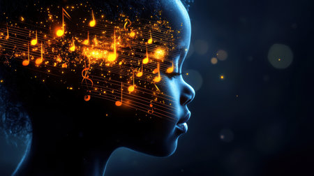 The profile of a child appears in a mystical representation filled with musical notes and shining particles. This enchanting scene evokes imagination and creativity, reflecting the magic of music.の素材