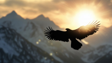 An eagle gracefully soars through the sky, its wings outstretched, framed by majestic mountains glowing in the warm light of sunset. The atmosphere feels serene and peaceful.の素材