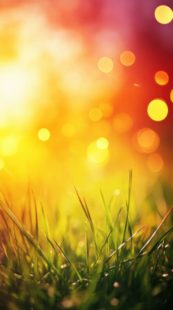 Early morning light bathes the grass in golden hues as the sun rises, creating a warm and inviting atmosphere filled with shimmering bokeh lights.の素材