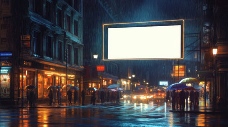 Pedestrians navigate a rain-drenched city street at night, sheltered under colorful umbrellas.の素材
