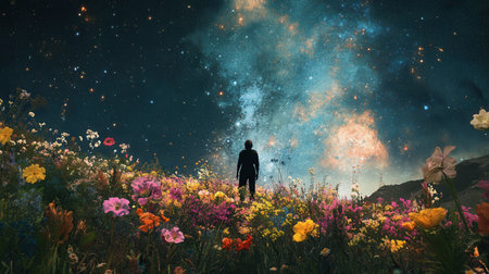 People gather in an open field filled with colorful flowers to watch an outdoor film that emphasizes environmental issues while the night sky sparkles with stars.の素材