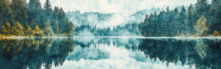 A tranquil lake is bordered by dense forests, with the morning mist creating a soft atmosphere. The surface reflects the trees and clouds, enhancing the serene beauty of nature.の素材