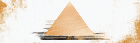A sophisticated design showcases a golden pyramid at the center, surrounded by subtle brush stroke accents in black and gold on a clean white background, creating an eye-catching visual balance.の素材