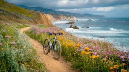 A cyclist explores a serene coastal path adorned with colorful wildflowers, overlooking crashing waves and rugged cliffs under a dramatic sky during a calm day.の素材