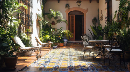 A beautiful courtyard bathed in sunlight features colorful tiled floors and lush plants. Wrought iron furniture offers a peaceful spot for relaxation or social gatherings.の素材