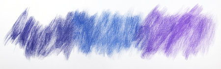 Pencil strokes demonstrate a lively composition of chaotic blue and purple shades, blending seamlessly on a clean white background, embodying artistic freedom and expression.の素材