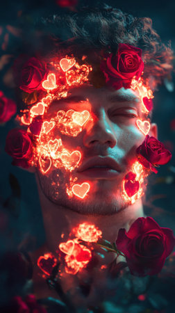 A man's face radiates a soft glow surrounded by vibrant roses and ethereal hearts. The surreal visual captures a dreamlike essence, blending nature and emotion.の素材