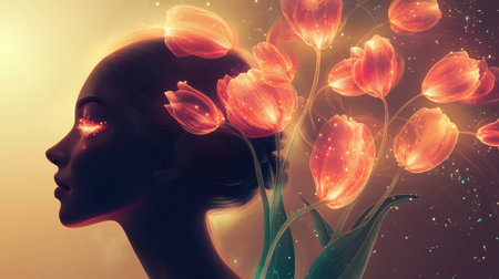 A woman's profile is illuminated by soft light as glowing flowers emerge from her hair. The background features a warm sunset, creating an atmosphere of peace and harmony.の素材