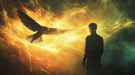 A man stands in silhouette, gazing at a majestic bird soaring nearby. The background radiates with vivid colors and energetic patterns, creating a captivating atmosphere of wonder and possibility.の素材