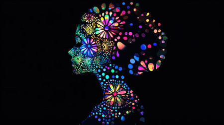 A woman's silhouette radiates a glowing aura filled with colorful floral designs. This artistic representation captures the essence of inner beauty and creativity during twilight hours.の素材