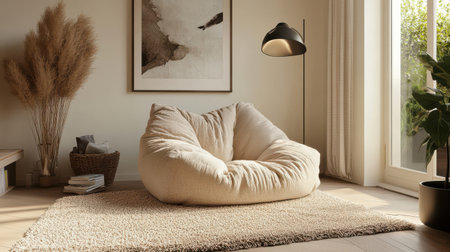 A beautifully designed reading corner featuring a plush cocoon-like chair invites you to unwind. Natural light spills in, enhancing the relaxed atmosphere perfect for enjoying a book.の素材