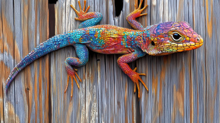 A stunning macro capture showcases a vibrant lizard resting on a weathered wooden surface. Its colorful scales exhibit intricate patterns in sunlight, illuminating its beauty.の素材