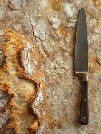 A close-up view of a fresh loaf of sourdough bread with a crusty exterior and soft inside, placed beside a serrated knife on a textured surface. The setting suggests a cozy kitchen environment.の素材