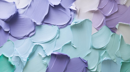 Soft brush strokes in pastel lavender and mint blend harmoniously. The textured surface showcases an engaging interplay of colors, evoking tranquility and creativity.の素材