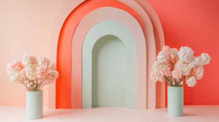 Pastel mint and coral arcs overlap beautifully, forming a unique backdrop. Delicate flower arrangements are placed in simple vases, enhancing the modern aesthetic of the setting.の素材