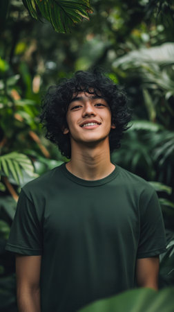 A young man stands joyfully in front of vibrant green plants, showing his curly hair and warm smile. The atmosphere is calm and refreshing, perfect for outdoor exploration.の素材