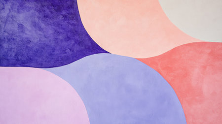 Curved shapes in pastel lavender, pink, and muted tones blend seamlessly, forming an abstract composition that evokes calmness and creativity in a soft and inviting space.の素材