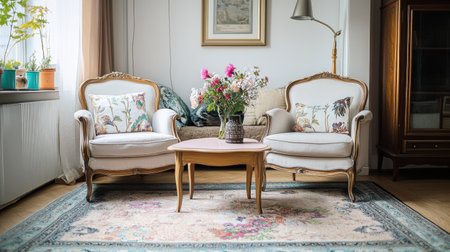 This inviting living room features vintage armchairs adorned with decorative pillows, a soft rug underfoot, and a beautiful floral arrangement on the table, creating a warm ambiance for relaxation.の素材