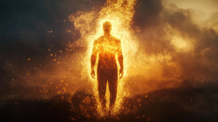 A man stands in a field, radiating a warm glow as flames surround him. Dark clouds loom overhead, enhancing the dramatic atmosphere at sunset.の素材