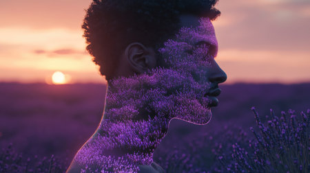 A man's silhouette merges with vibrant lavender blossoms under a colorful sunset sky. The scene captures a moment of tranquility and beauty in nature, evoking a sense of peace.の素材