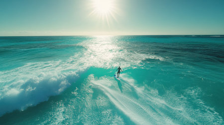 A skilled windsurfer maneuvers through stunning turquoise waters, creating ripples beneath their board. The sun shines brightly, illuminating the ocean's surface in a breathtaking display.の素材