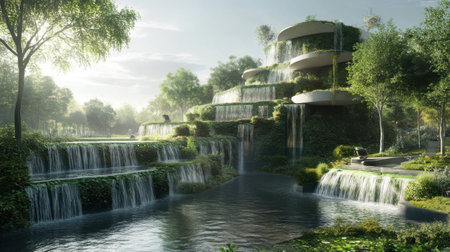 A vibrant eco-project showcases a stunning landscape where tiered waterfalls flow into a reflective pond, surrounded by rich greenery and thoughtful architecture.の素材