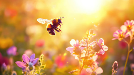 A bumblebee hovers gracefully in mid-air, surrounded by vibrant wildflowers, as the sun sets in a warm glow, illuminating a serene meadow in nature's beauty.の素材