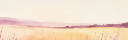 A serene landscape unfolds with soft pencil strokes and muted hues, showcasing gentle hills and a golden field under a pastel twilight sky, evoking a sense of calmness.の素材
