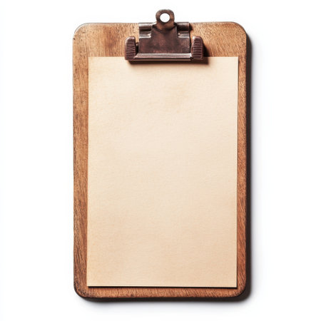 A polished wooden clipboard holds a blank sheet, awaiting notes or sketches. Positioned on a clean surface, it invites inspiration and creativity in a workspace setting.の素材