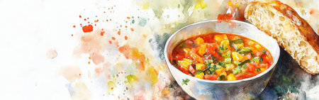 A vibrant bowl of vegetable soup filled with diced vegetables and herbs sits beside a slice of crusty bread. The watercolor background enhances its warmth and appeal.の素材