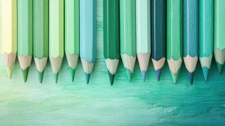 Various shades of green pencil strokes blend seamlessly into a pastel background, showing an artistic gradient effect that highlights the beauty of color and texture.の素材