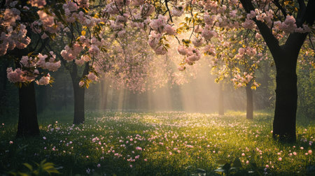 In a vibrant spring forest, cherry blossoms bloom under soft rays of sunlight, creating a tranquil and enchanting environment filled with delicate petals and lush greenery.の素材