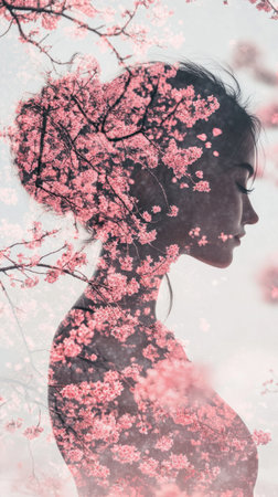 Silhouette of a woman gracefully blending with cherry blossom branches during early morning light. The serene atmosphere captures a moment of peaceful reflection in nature's beauty.の素材