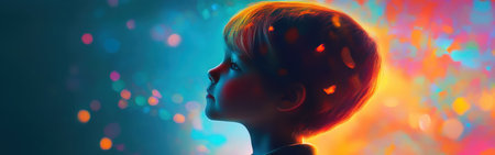 A child gazes in awe, surrounded by a burst of colors emanating from various shapes and lights that spark creativity and joy. The atmosphere is filled with magic and inspiration.の素材
