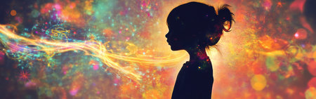 A child is silhouetted with a radiant glow, surrounded by colorful swirls of light and sparkling elements, creating a whimsical and enchanting atmosphere.の素材