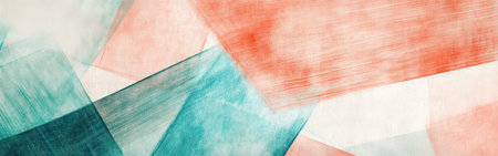 Intricate pencil strokes form an abstract design with coral and teal hues, blending textures and colors harmoniously. The artwork evokes a sense of motion and creativity.の素材