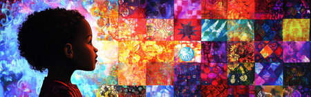 A child with curly hair stands in profile, glowing softly in front of a colorful tapestry of patterns and textures that evoke imagination and creativity. The atmosphere is vibrant and inspiring.の素材