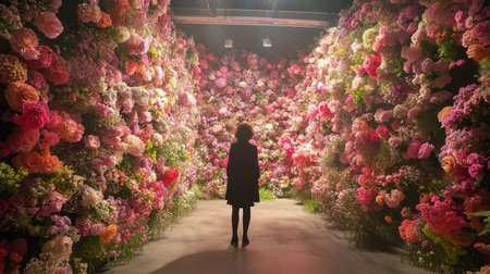 A stunning spring art installation fills the urban space with colorful flowers, captivating visitors who explore the immersive environment.の素材