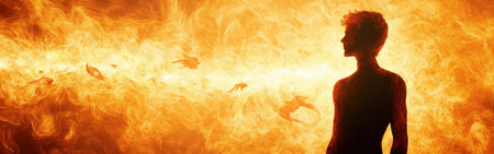 A man's silhouette stands against a vibrant backdrop of swirling flames at dusk. The fiery scene emphasizes the contrast between shadow and light, creating a dramatic atmosphere.の素材