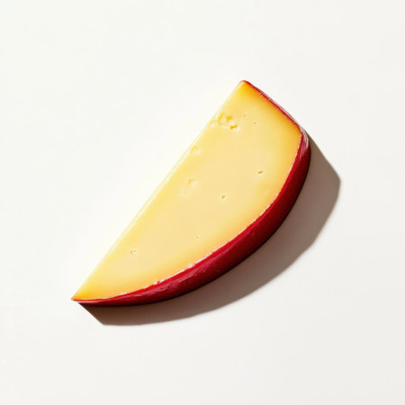 A single creamy wedge of gouda cheese displays its smooth texture and distinctive color against a plain background. Ideal for cheese lovers and culinary enthusiasts.の素材