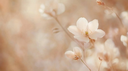 Cherry blossoms gently sway in the soft breeze, showcasing their delicate petals in a serene pastel peach setting during spring, creating a tranquil atmosphere.の素材