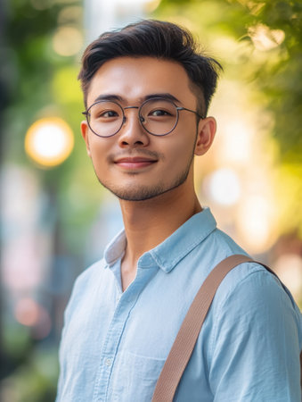 In a lively city environment, a young man wearing glasses stands smiling. His light blue shirt contrasts with the lush green backdrop, reflecting a warm and inviting atmosphere.の素材