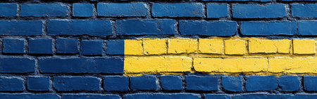 A vibrant brick wall showcases alternating blue and yellow stripes, adding color and character to the urban area, enhancing the lively atmosphere of the neighborhood.の素材