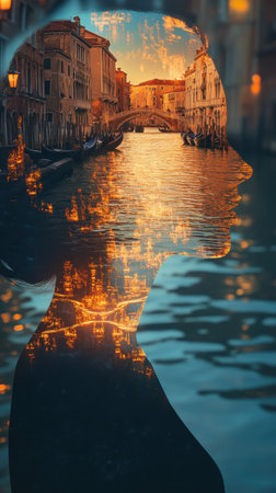 A woman's glowing silhouette blends with a scenic waterway at sunset, showing the shimmering reflections of historic buildings along the canals. The atmosphere is magical.の素材