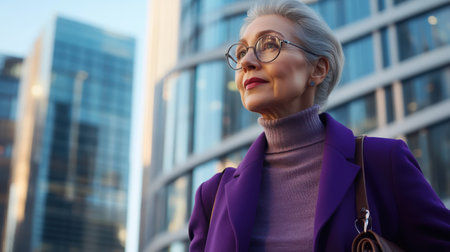 Confident senior woman stands outdoors in a vibrant city, showing her fashion sense in a purple coat. Sunlight highlights her features as she gazes thoughtfully into the distance.の素材