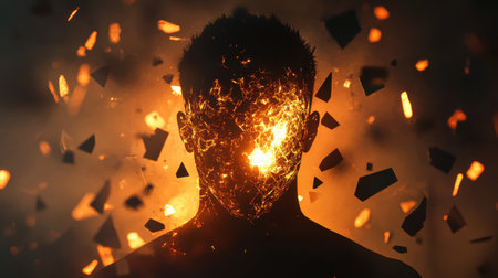 A man appears to glow intensely as fragments scatter around him, creating a striking visual contrast amidst an abstract, warm backdrop.の素材