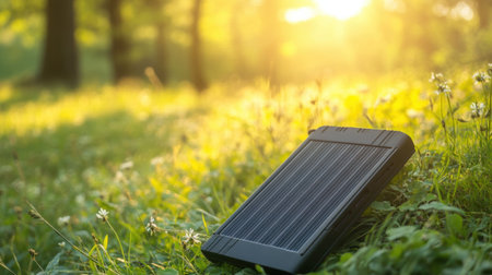A solar-powered portable charger sits on lush green grass, soaking up sunlight in a serene park. The vibrant foliage and golden hour create a perfect outdoor ambiance.の素材